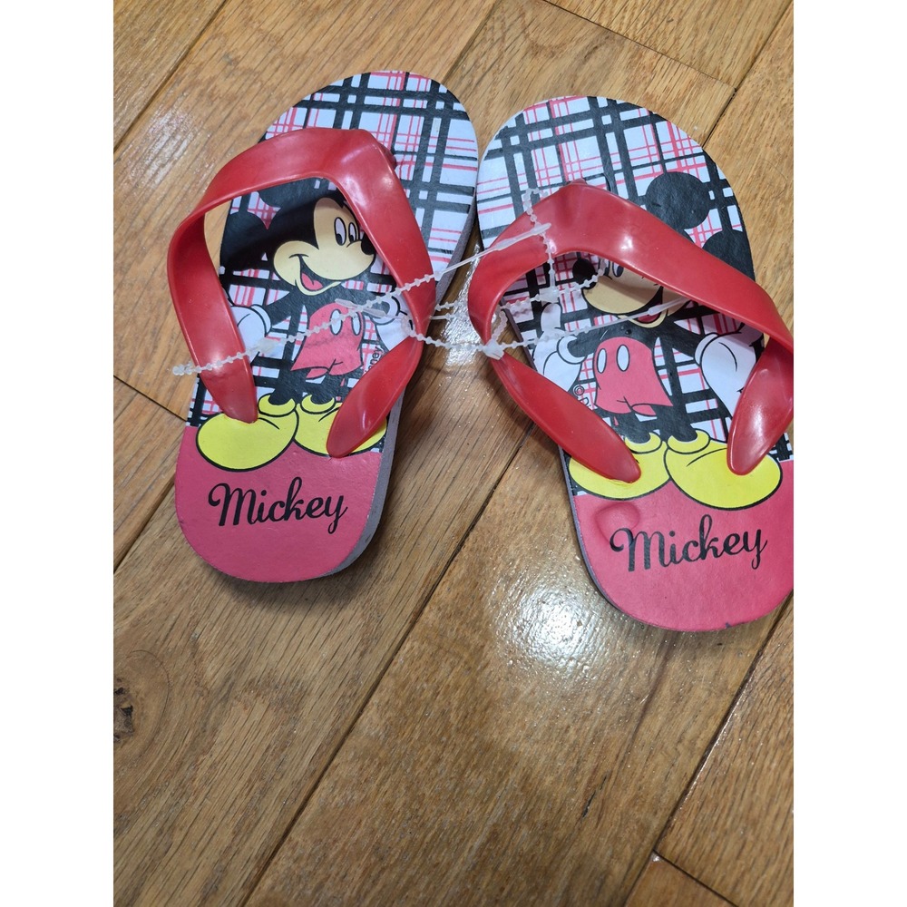 Disney Mickey Mouse Kids Flip Flops Red Plaid Sandals Thong Shoes 6.5 Inch